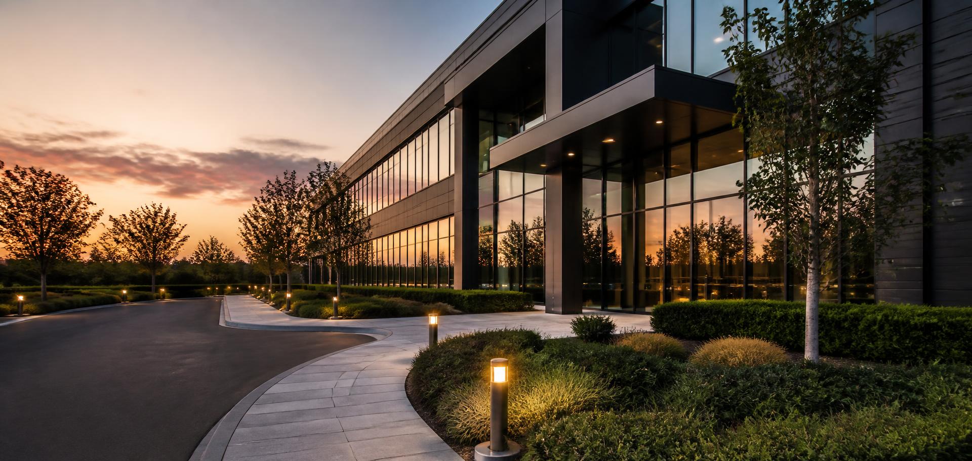 Well maintained commercial premises at dusk