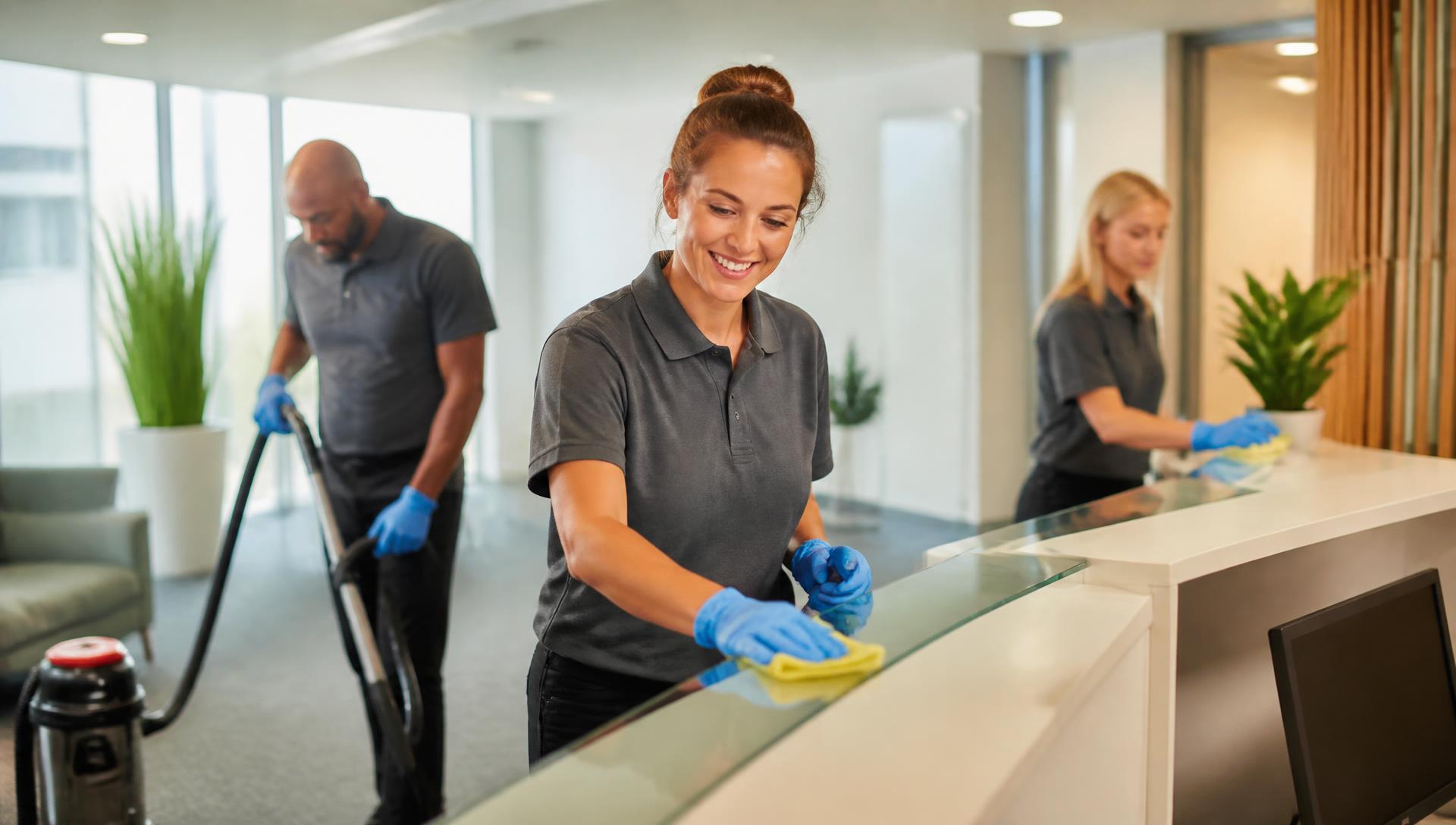 Ambiente FM cleaning team working in a modern office reception